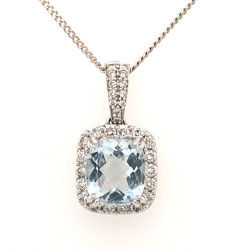 Pre Owned 18ct White Gold Aqua Marine and Diamond Pendant and Chain ZX171